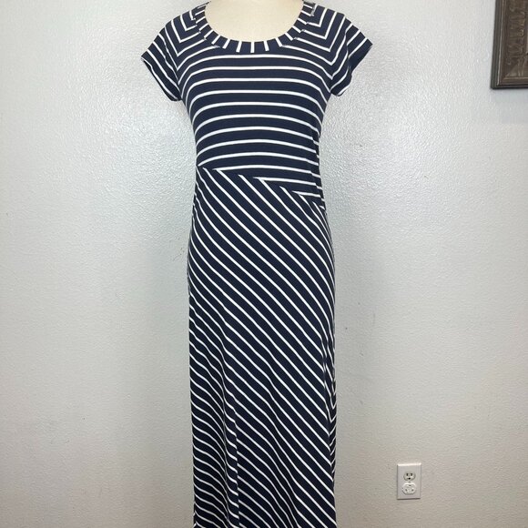 Athleta Makai Maxi Dress Size S Navy White Striped Short Sleeve Cotton Blend - Picture 3 of 9